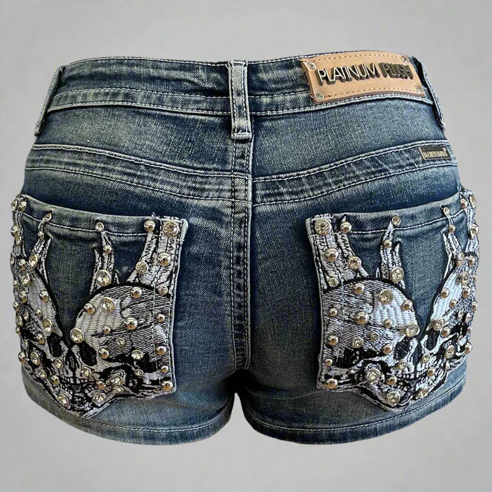Shorts de mezclilla con calavera y alas de diamantes de imitación para mujer de Bus StopEX-STOCK Canada