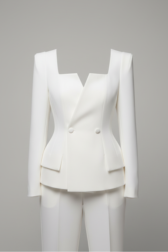A structured white tailored jacket with long sleeves, a square neckline, and two front buttons, shown on a mannequin against a plain light gray studio background.