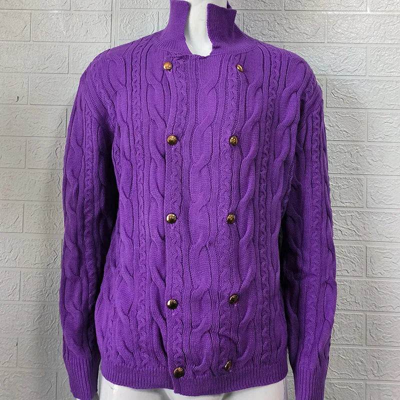 Men's Pure Color Half Collar Double-breasted Knitted Sweater Coat - EX-STOCK Canada