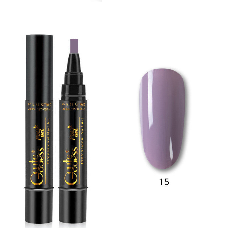Nail art pen with black casing and gold text, next to a matching purple nail color on a white background.