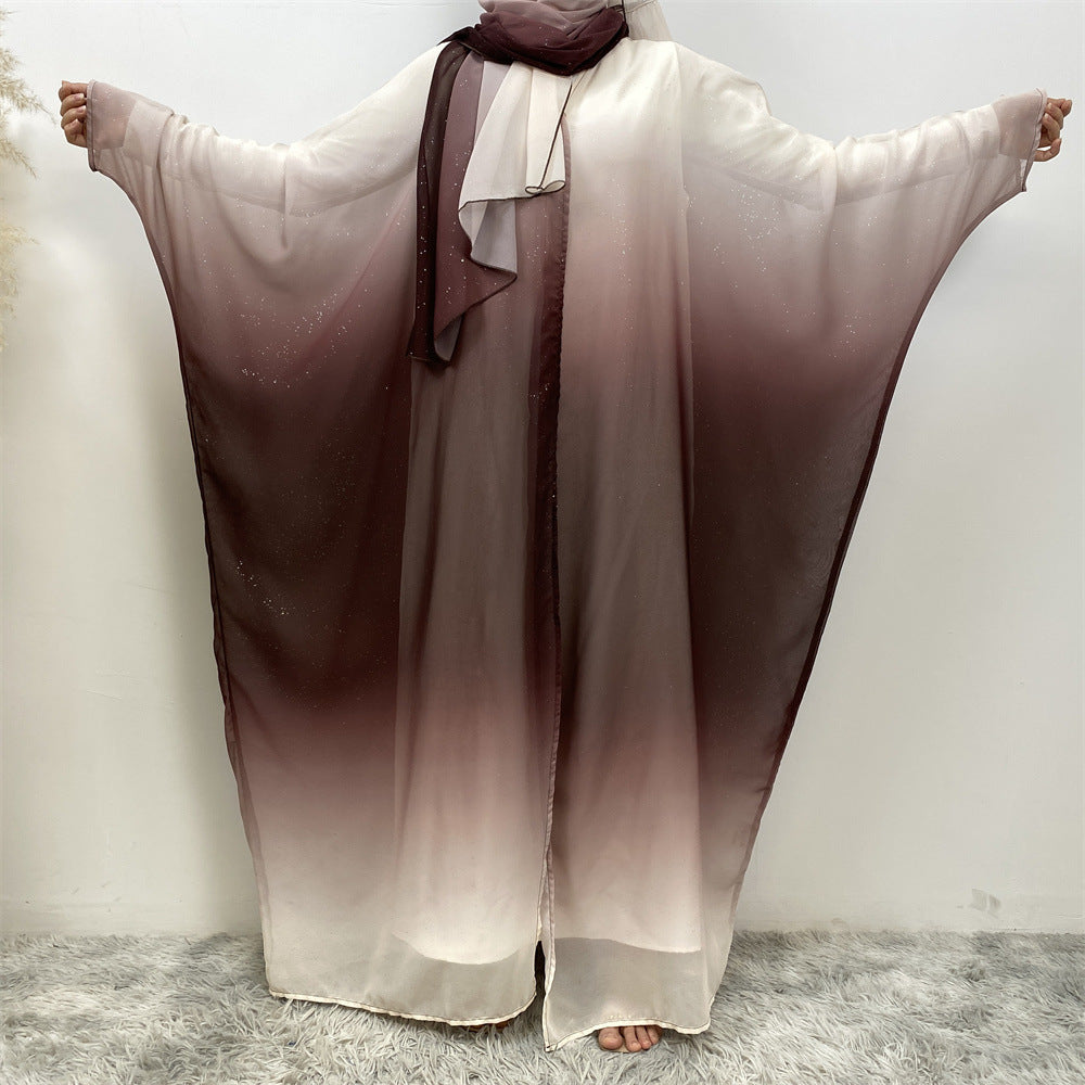 Middle East Muslim Chiffon Cardigan Gradient Batwing Sleeve With Headscarf Suit - EX-STOCK Canada