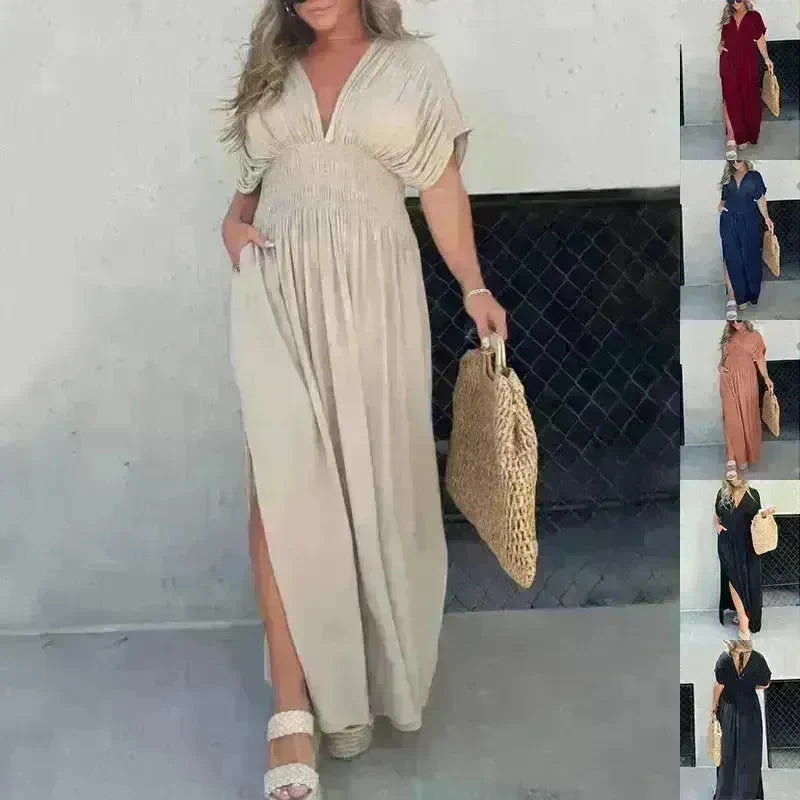 Fashion Bat-sleeved V-neck Slit Dress Summer Beach Short Sleeve Elastic Waist Split Long Dresses Womens Clothing - EX-STOCK CANADA