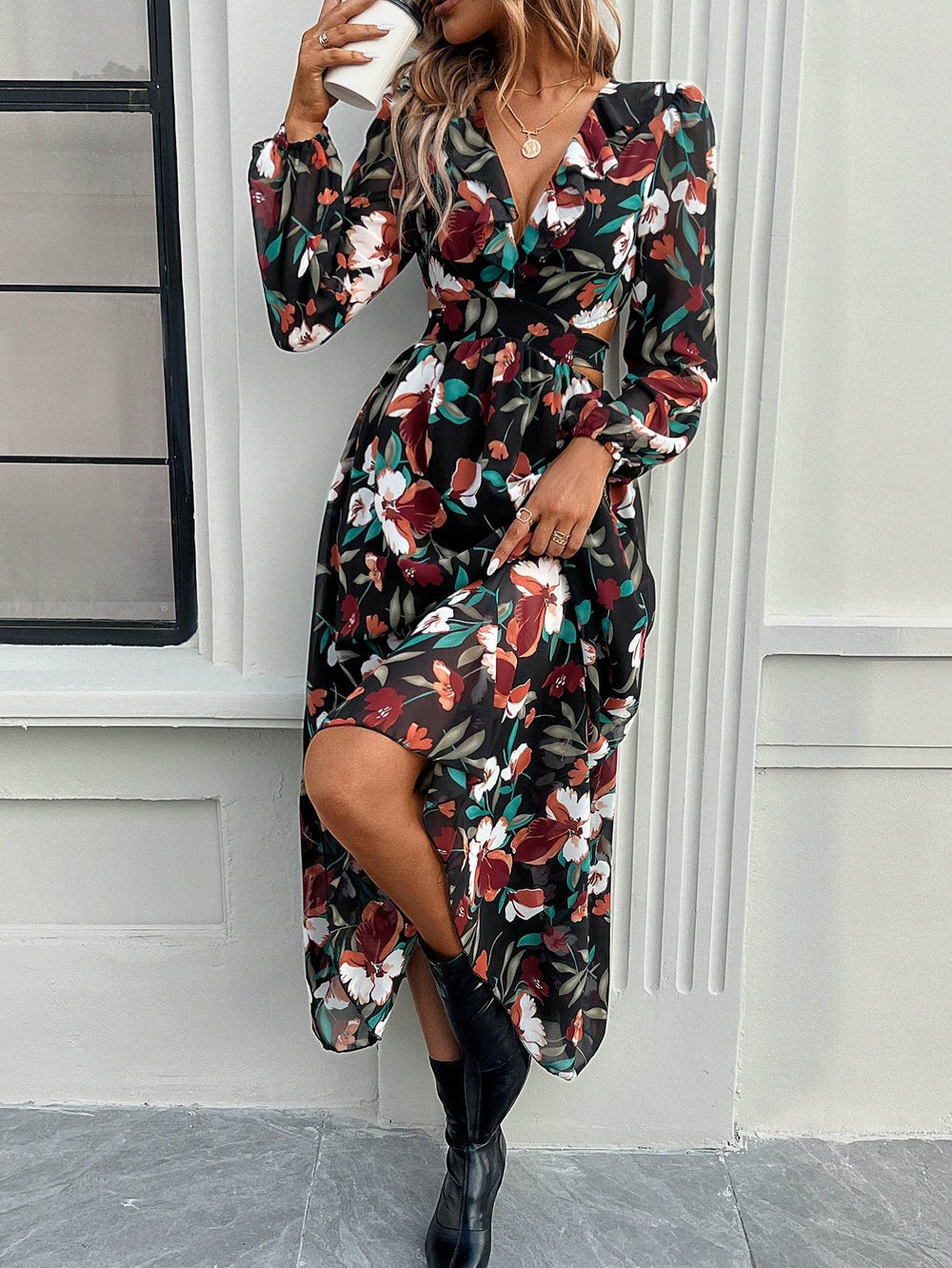 Fashion Florals Print Long Sleeve Dress Casual Holiday Tight-waisted V-neck Dresses Women Clothing - EX-STOCK Canada