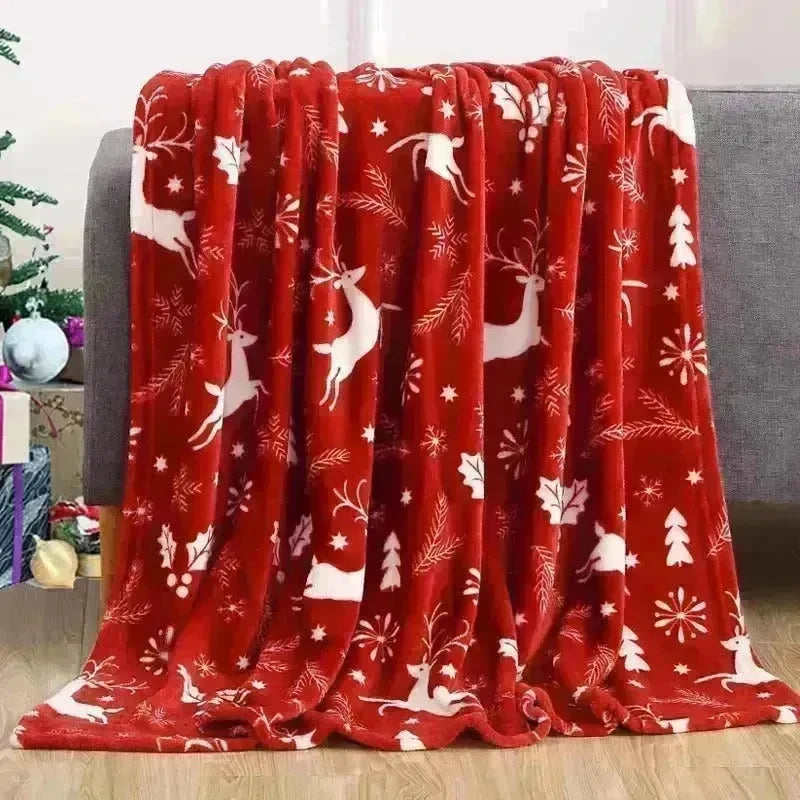 Christmas Elk Snowman Santa Claus Print Blanket Winter Double-sided Flannel Blanket For Sofa Sleeping Shawl - EX-STOCK CANADA