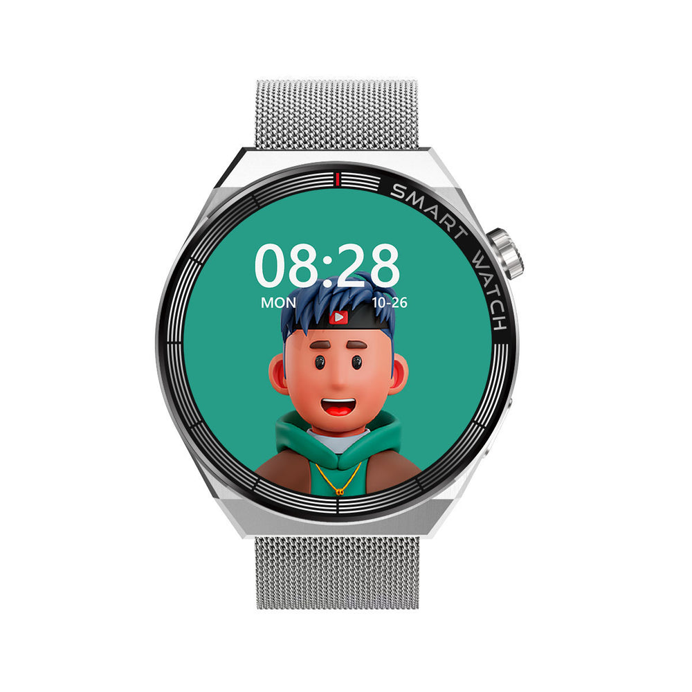 Smartwatch with a digital display showing a cartoon character on a white background