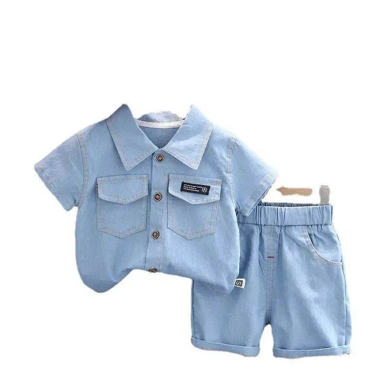 Lapel Short Sleeve Suit Children's Clothing Casual wear for boys Denim Two piece for boys - EX-STOCK Canada