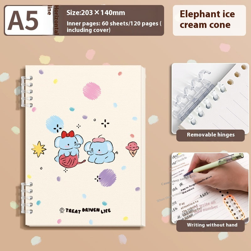 A5 size elephant ice cream cone themed notebook with spiral binding, shown alongside feature callouts for removable hinges and writing without hand, on a beige background.