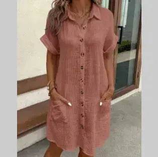 Womens Button Down Shirt Dress Summer Cotton Linen Dress V-Neck Mini Dress Casual Short Sleeve Loose Tunic Dresses - EX-STOCK Canada