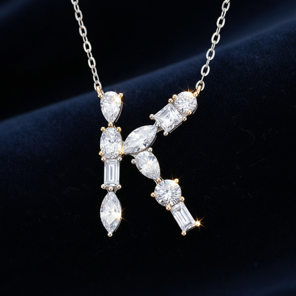 Pendentif Collier Initiale Lettre K en Moissanite – Argent 925 Plaqué Or | Certifié GRA