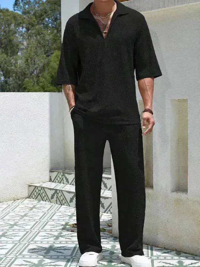 Men's Casual summer 2 piece Pant sets Short sleeved Top and Straight leg pant - EX-STOCK Canada