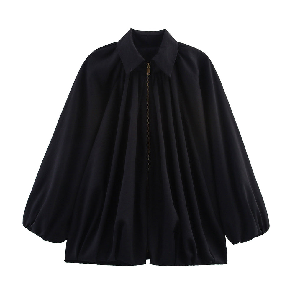 Women's Loose Pleated Zip-Front Jacket – Balloon Sleeves, 6 Colours | Sizes XS–XL