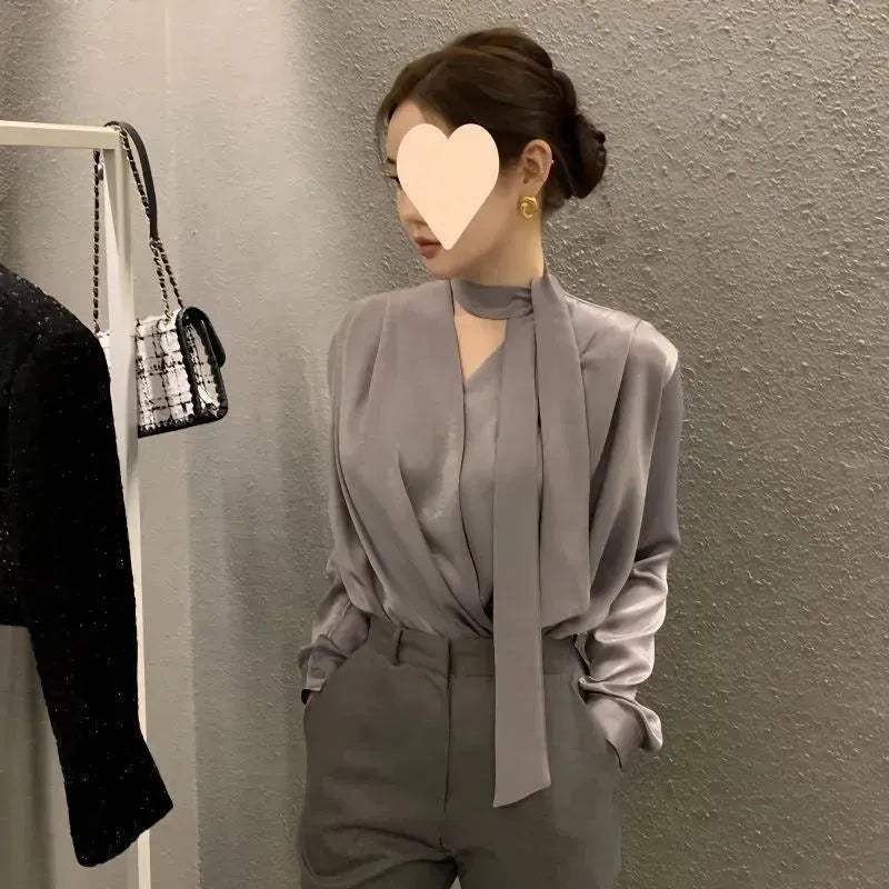 High-end Anti-wrinkle Acetate Satin pleated Blouse Shirt For Women - EX-STOCK CANADA