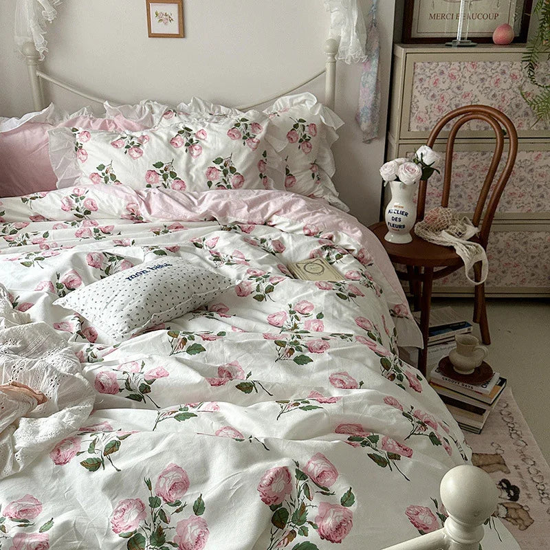 Princess Style Ruffled Pure Cotton French Floral Minimalist Bed Sheet Duvet Cover Bedding EX-STOCK Canada