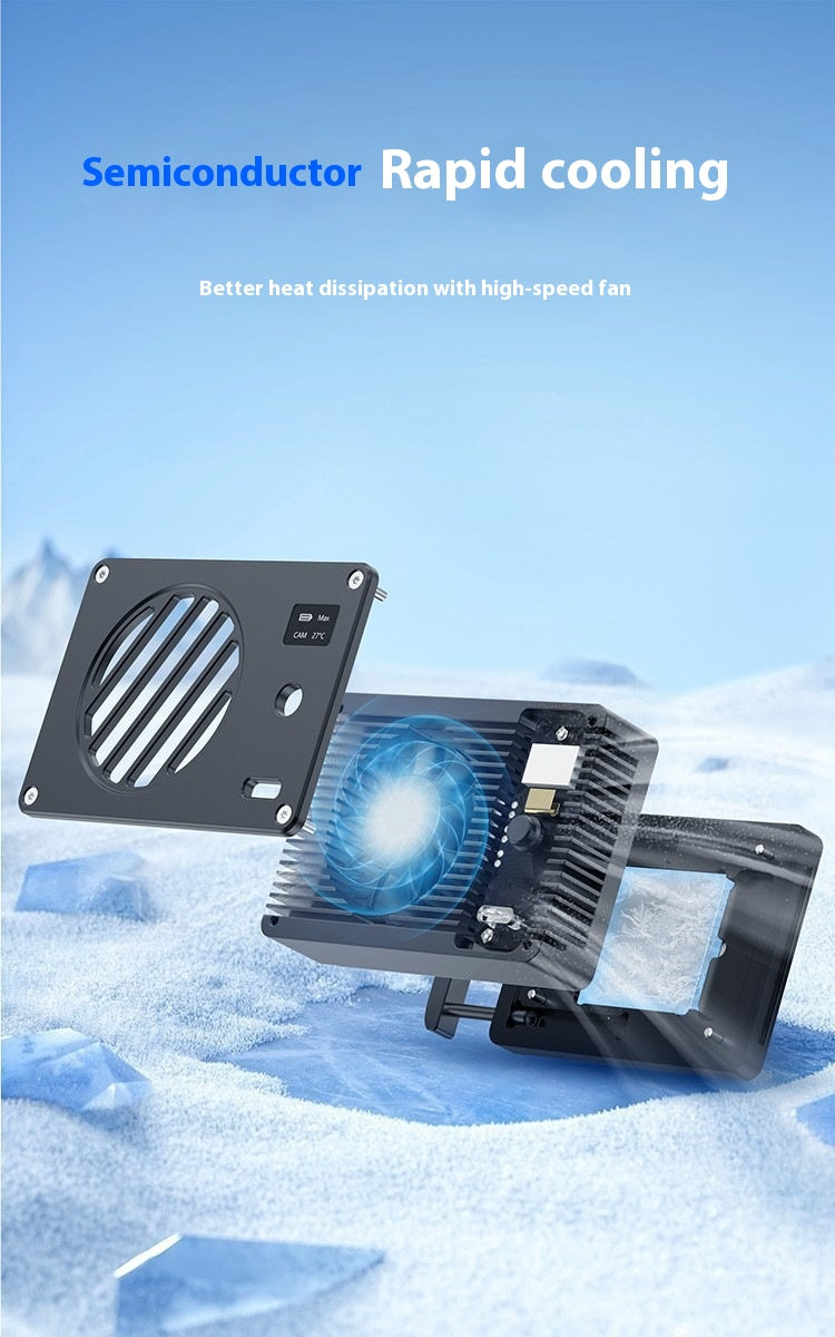 A black semiconductor rapid cooling heatsink and fan assembly shown over a snowy icy background with blue text reading 'Semiconductor Rapid cooling' and 'Better heat dissipation with high-speed fan.'.