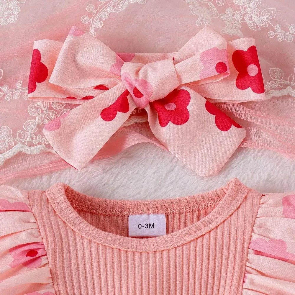 One-piece Romper Pants Bow Headdress Suit Baby girl casual pink romper with head bowtie - EX-STOCK Canada