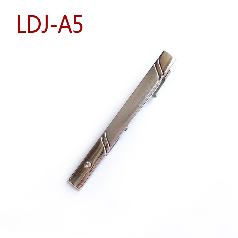 A metallic tie clip with a brushed silver finish and diagonal grooved details, shown on a plain white background with the text 'LDJ-A5' in red in the top-left corner.