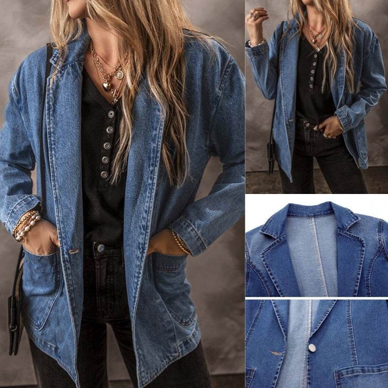 Spring And Autumn New Denim Jacket For Women, Slim Fit, Suit Collar, Solid Color Cardigan, One Button Top, Trendy EX-STOCK Canada