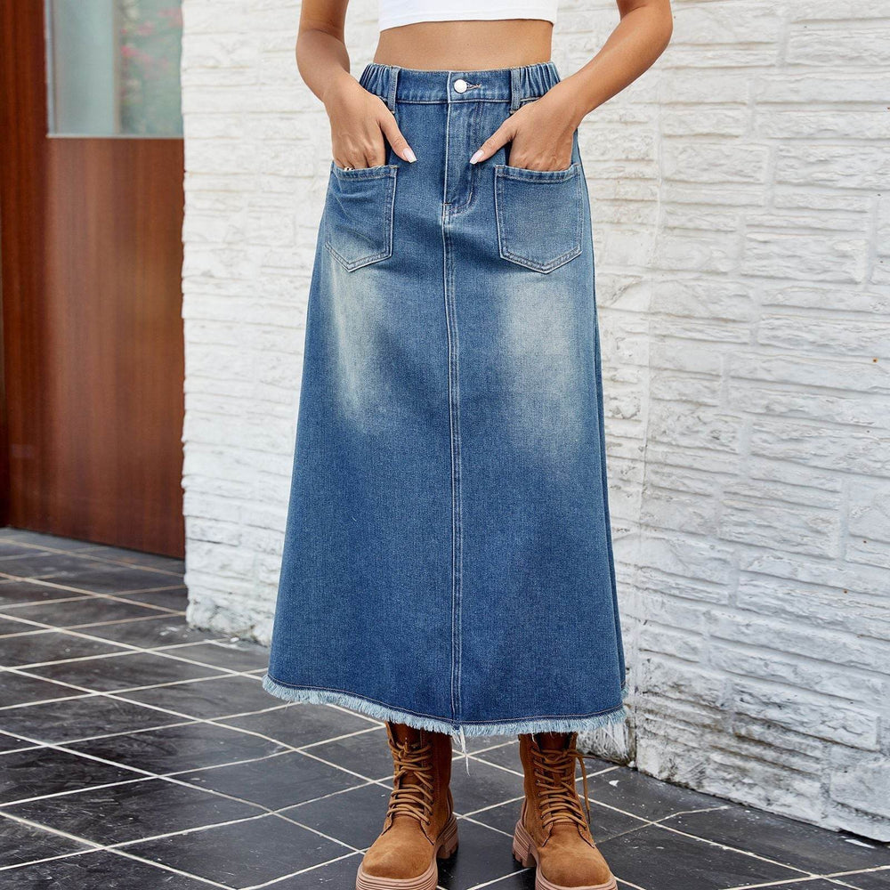 European And American Washed Frayed Hem Blue Denim Midi Skirt - EX-STOCK Canada