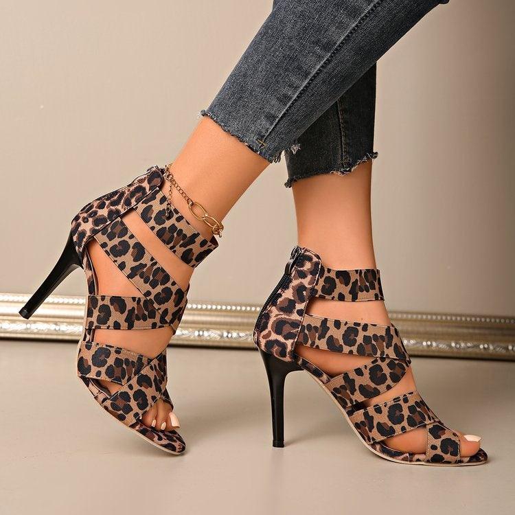 Women's Leopard Print Crisscross Strap Stiletto Heel Sandals-Open Toe High Heels For Party & Evening Wear