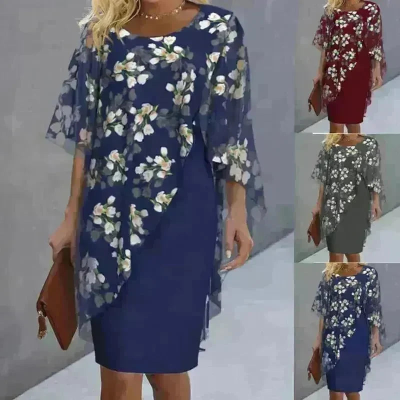 Printed Floral Chiffon Fashion Straight Cut Modest Dress - EX-STOCK CANADA