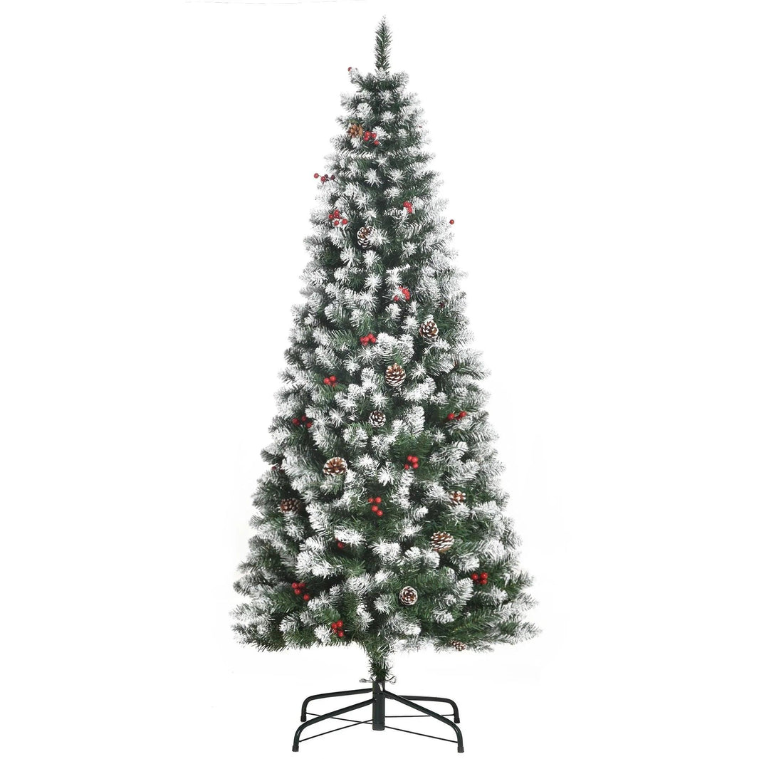 6ft Decorated Christmas Tree With Red Berries And Pine Cones, Flocked Christmas Tree With Pencil Shape, Green EX-STOCK Canada