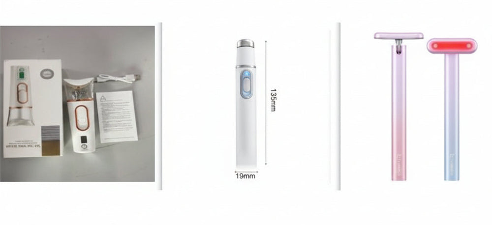 Product packaging and dimensions of a device on a white background
