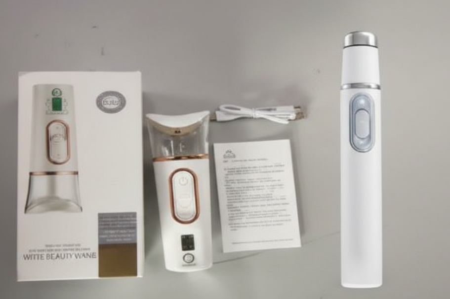 White beauty wand device shown with its retail box, charging cable, and instruction manual on a light gray background.