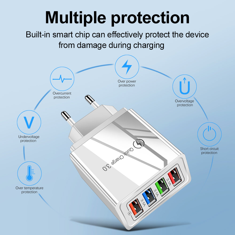 Multifunctional charger with multiple protection features on a light blue background
