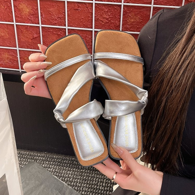 2025 Summer New French Style Low Heel Slippers For Women, Fairy Style Outdoor Fashion Slides, Elegant Match-Dress Sandals In Black, Silver, Beige