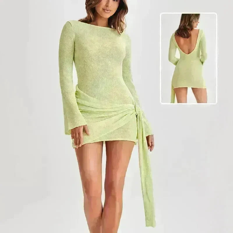 Fashion Suspender Slim Long-sleeved Dress Y2K Charming Hip-hugging V-shaped Backless Bodycon Short Mini Dresses Womens Clothing - EX-STOCK CANADA
