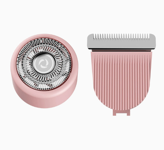 Pink electric shaver head and trimmer on a white background