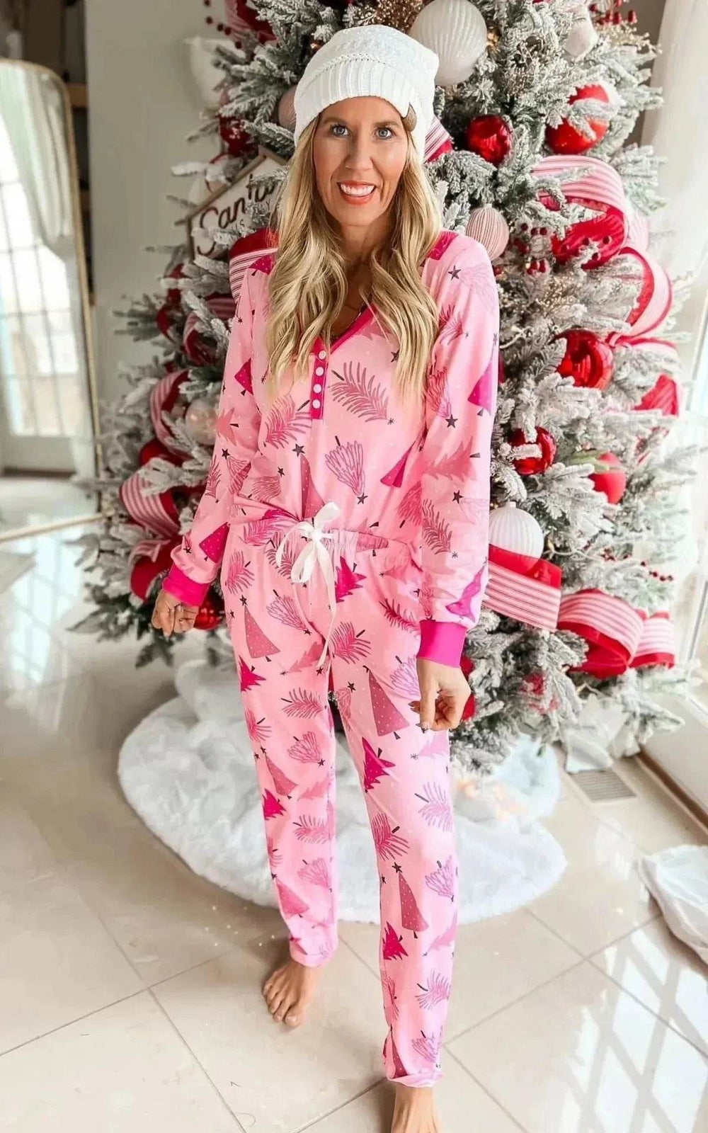 Christmas Pajamas Suit Christmas Tree Printed Long Sleeve Button Two-piece Set - EX-STOCK Canada