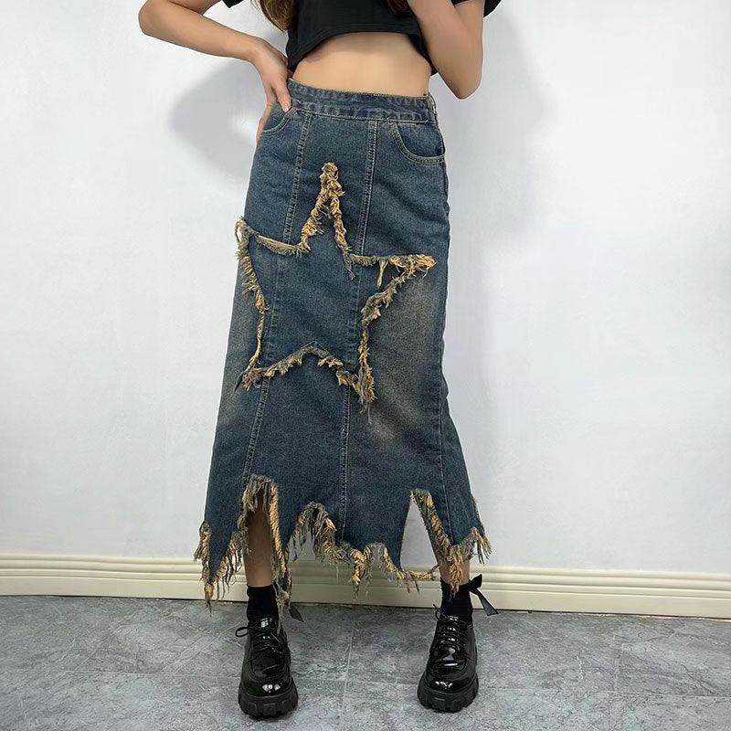 Women's American-style Retro High Waist Irregular Midi Denim Skirt - EX-STOCK Canada