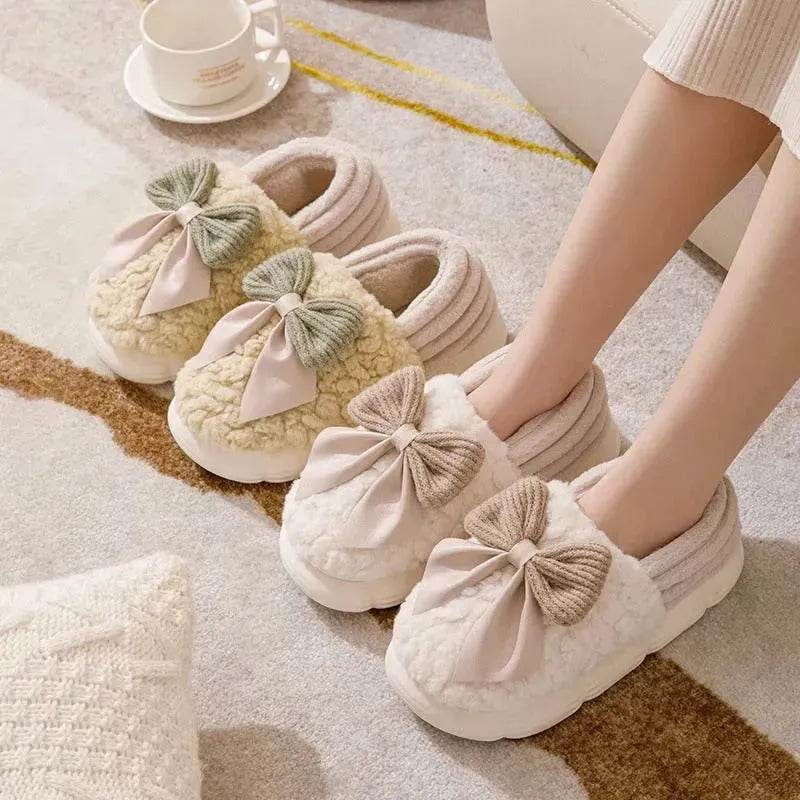 Big Bow-knot Fluffy Slippers Winter Warm Covered Heel Cotton Shoes Fashion Thick-soled Platform Slippers Indoor And Outdoor Garden Walking Shoes - EX-STOCK Canada