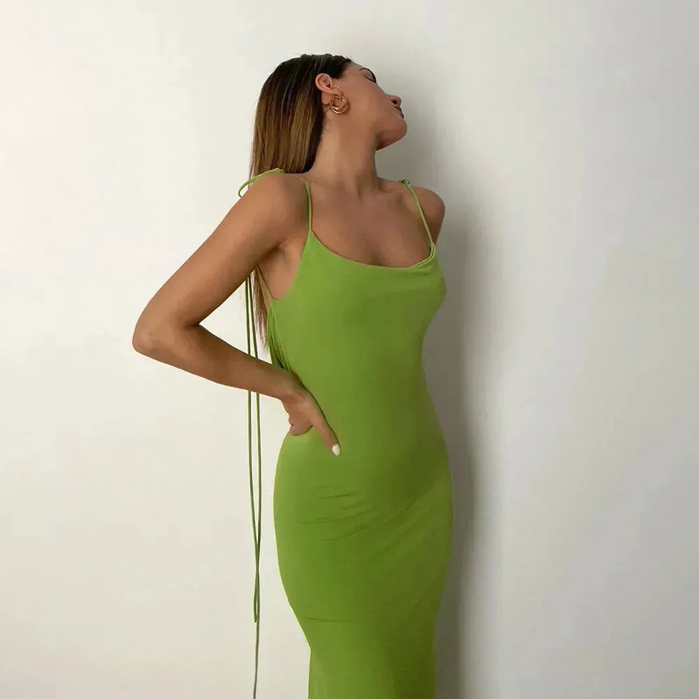 Cryptographic Elegant Spaghetti Strap Sexy Backless Draped Maxi Dress for Women Sleeveless Night Club Party Long Dresses Summer - EX-STOCK CANADA