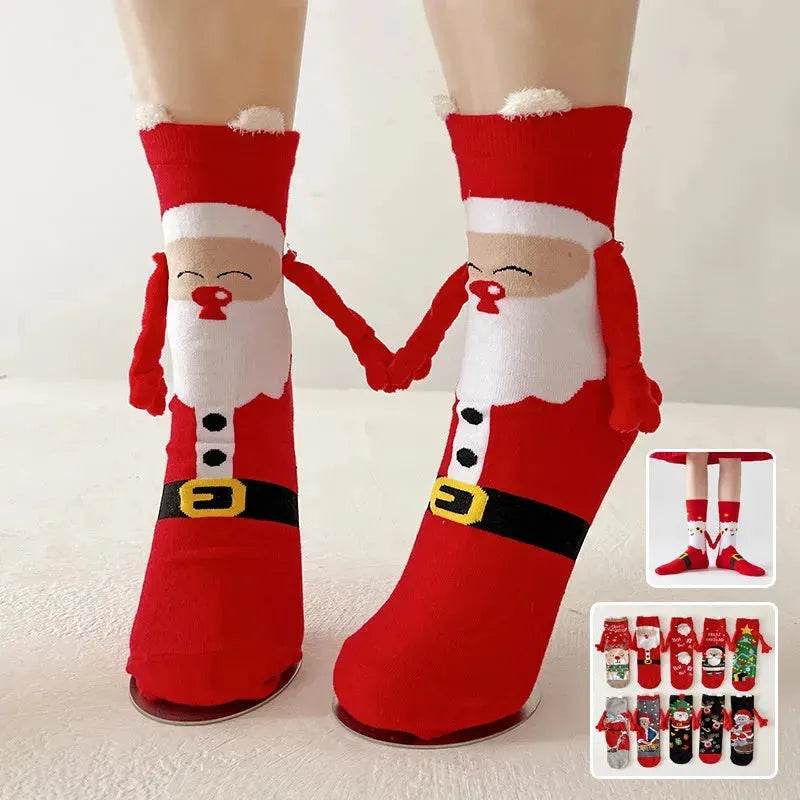 Christmas Magnetic Socks Cute Elk Santa Claus Snowman Hand-holding Socks For Couple - EX-STOCK Canada