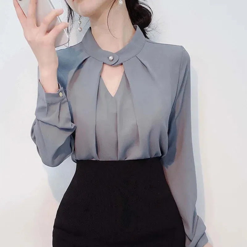 White Chiffon Blouse top Long Sleeves Office Blouses For Women - EX-STOCK CANADA