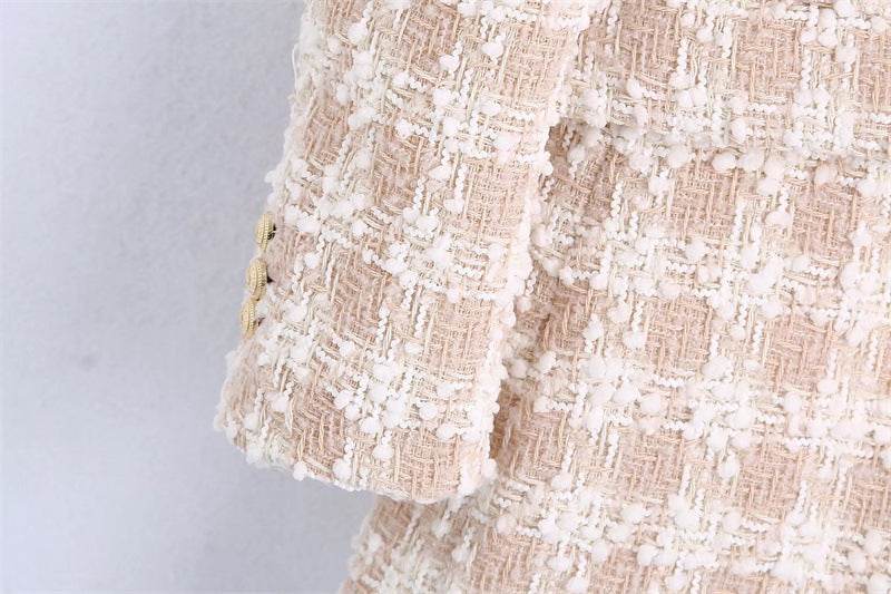 Elegant Luxury Lapel Long Sleeved Double Breasted Check tweed Blazer Women - EX-STOCK Canada