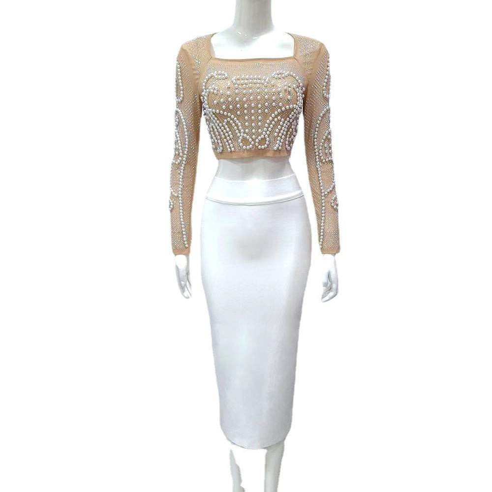 2pcs Beaded Studded Long Sleeve Mesh top and Midi Pencil skirt for work - EX-STOCK Canada