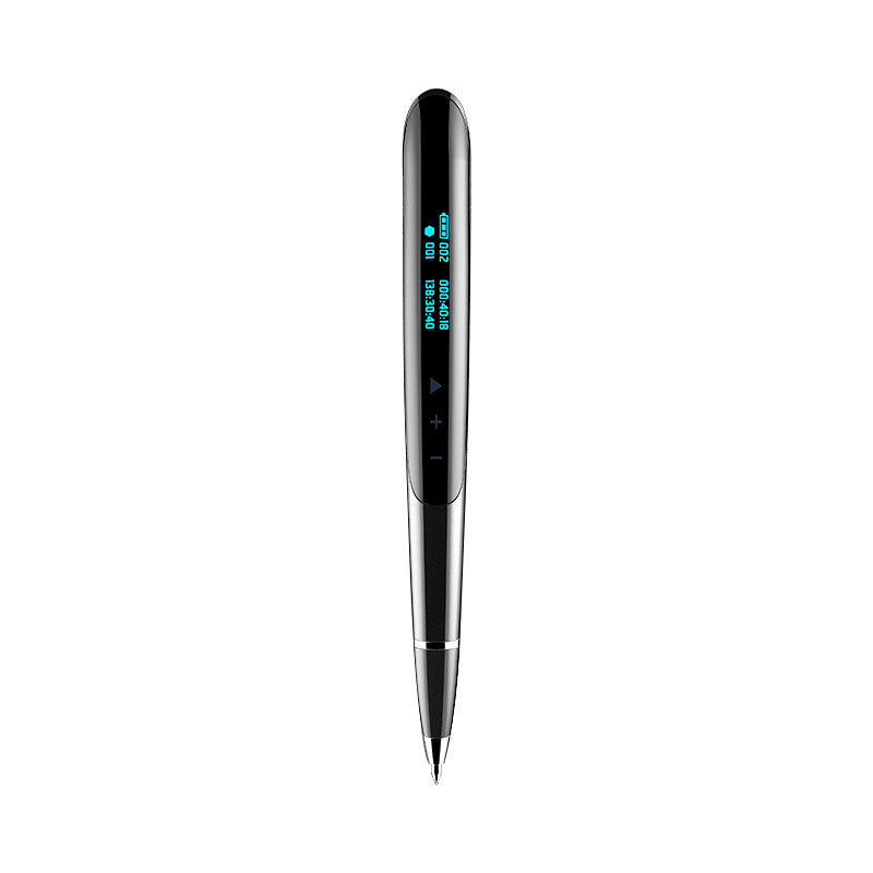 A sleek black digital pen with a metallic silver grip and a small blue LED display showing battery percentage and time, centered on a plain white background.