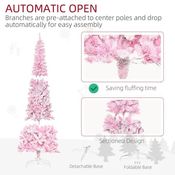 7.5 Foot Prelit Snow Flocked Artificial Christmas Tree With Pencil Shape, 700 Pine Realistic Branches, Warm White LED Lights, Auto Open, Pink And White EX-STOCK Canada