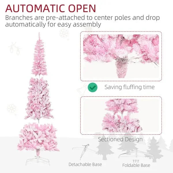 7.5 Foot Prelit Snow Flocked Artificial Christmas Tree With Pencil Shape, 700 Pine Realistic Branches, Warm White LED Lights, Auto Open, Pink And White EX-STOCK Canada