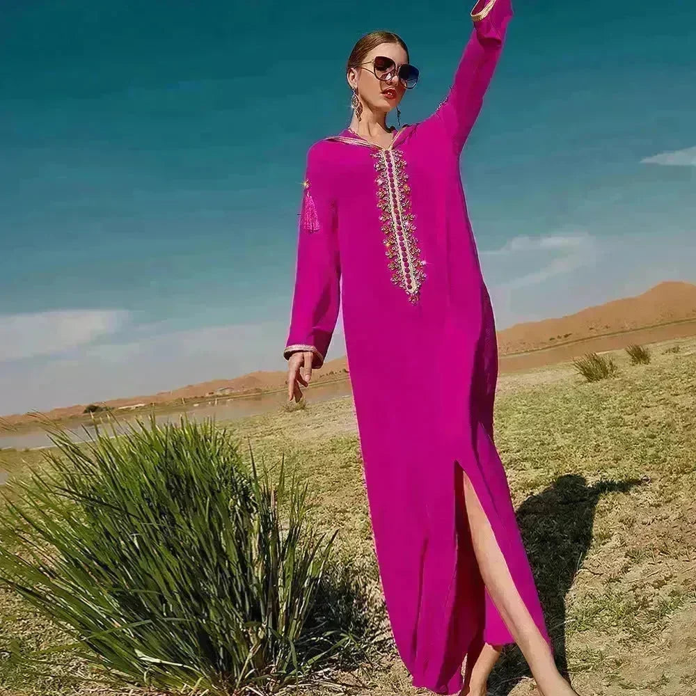 Women's Luxury Rose Red Hooded Middle East Moroccan Dubai Style Dress Fancy Embellish Summer Turkish dress - EX-STOCK CANADA