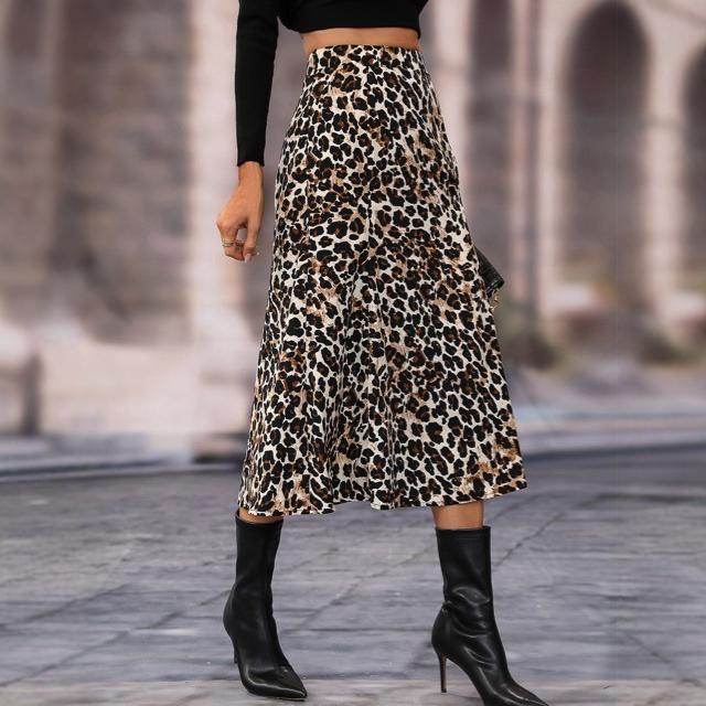 Women's A- Line Umbrella Skirt High Waist Leopard Print Midi sheath Skirt - EX-STOCK Canada