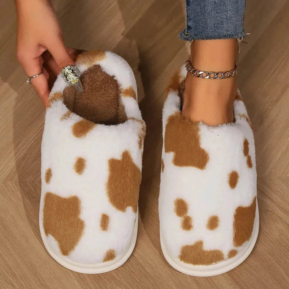 Cute Cow Spotted Plush Slippers Winter Warm Non-slip Bedroom Floor Fuzzy Slipper Couple Women House Shoes - EX-STOCK Canada