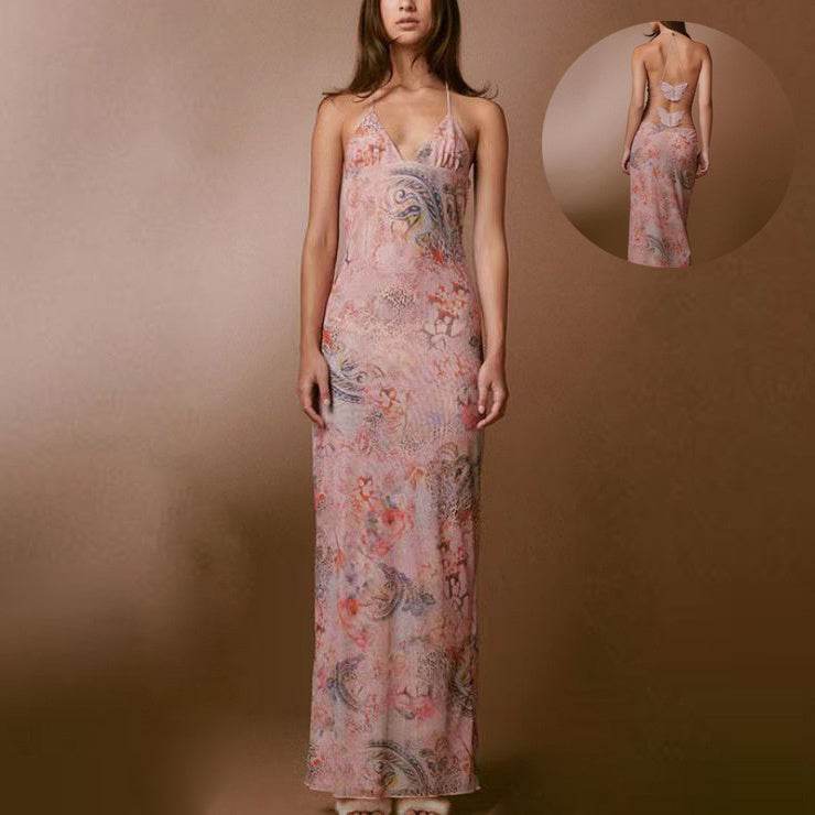 Halter neck Spaghetti Backless Butterfly Design Spring Summer long dress - EX-STOCK Canada