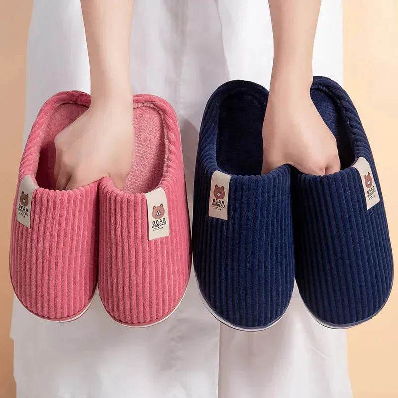 Solid Color Striped Slippers For Women Thick-soled Anti-slip Indoor Warm Plush Home Shoes Couple Women Men Slipper Winter - EX-STOCK Canada