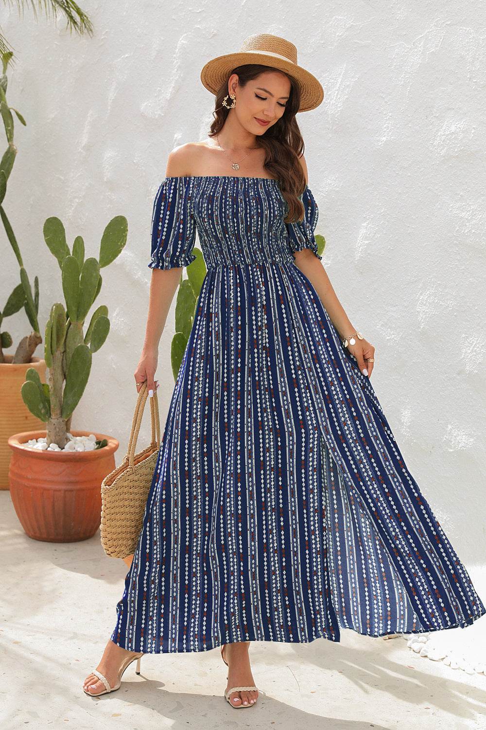 Elegant Off shoulder Spring Summer Maxi dress Slit Chiffon maxi dress for Beach vacation resort travel - EX-STOCK Canada