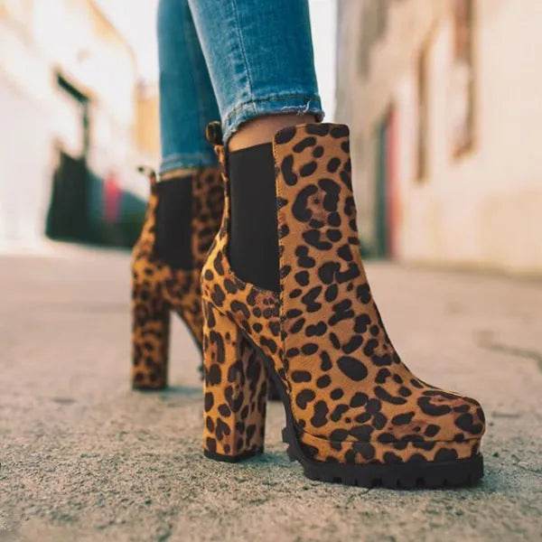 Round-toe Ankle Boots Solid Leopard Print Thick Square High Heel Shoes Ladies Casual Fashion Autumn Winter Suede Dress Party Boots - EX-STOCK Canada