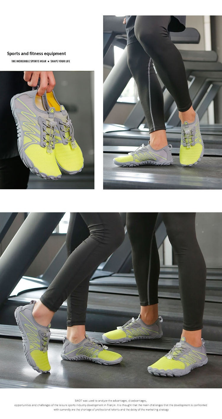 A collage showing a pair of athletic running shoes in bright neon yellow and gray, worn by a person on a treadmill in a gym setting. The image includes close-up views of the shoes and full lower-body views of the person wearing them.